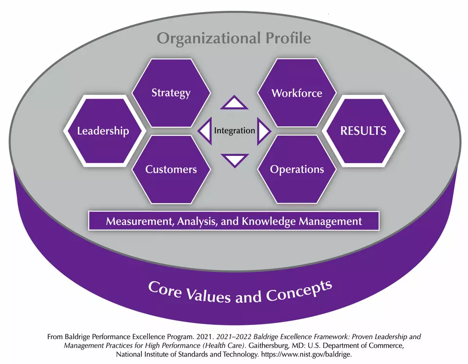 The Baldrige Criteria for Performance Excellence Overview consists of the six categories (Organizational Profile, Leadership, Strategy, Customers, Measurement, Analysis, and Knowledge Management, Workforce, Operations, and Results).