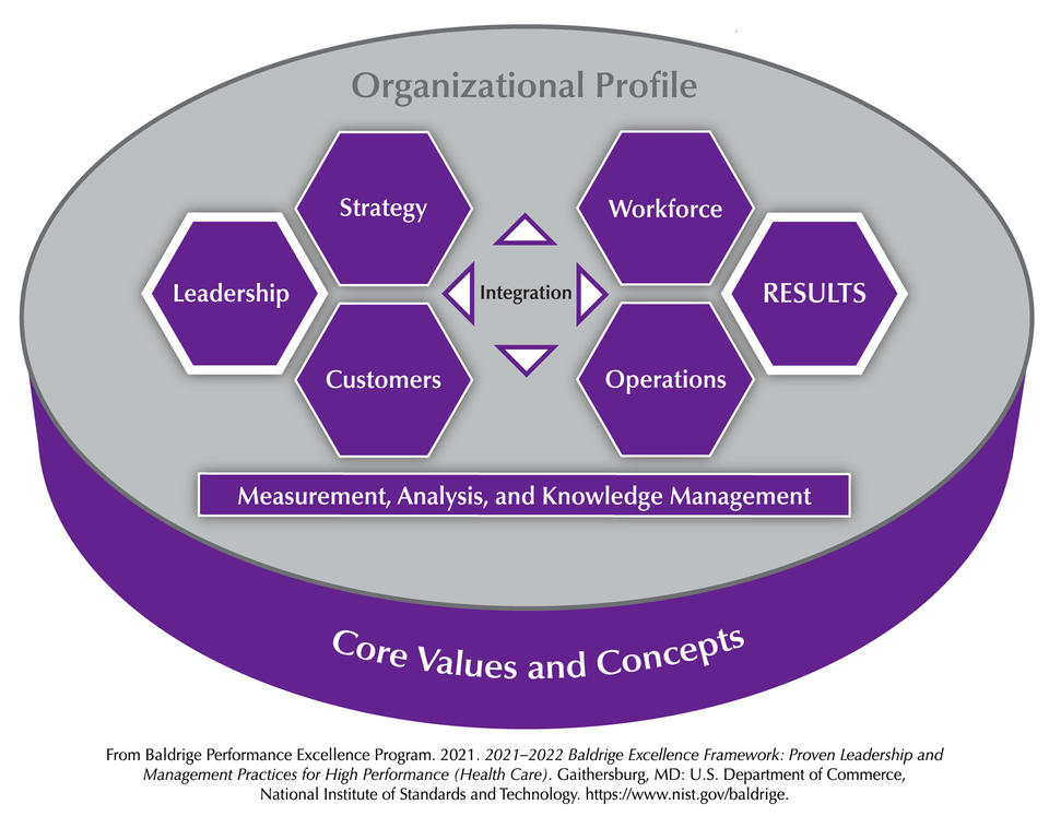 The Baldrige Criteria for Performance Excellence Overview consists of the six categories (Organizational Profile, Leadership, Strategy, Customers, Measurement, Analysis, and Knowledge Management, Workforce, Operations, and Results).