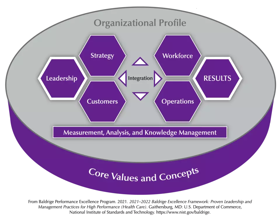 The Baldrige Criteria for Performance Excellence Overview consists of the six categories (Organizational Profile, Leadership, Strategy, Customers, Measurement, Analysis, and Knowledge Management, Workforce, Operations, and Results).