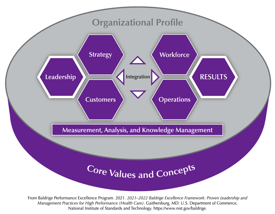 The Baldrige Criteria for Performance Excellence Overview consists of the six categories (Organizational Profile, Leadership, Strategy, Customers, Measurement, Analysis, and Knowledge Management, Workforce, Operations, and Results).