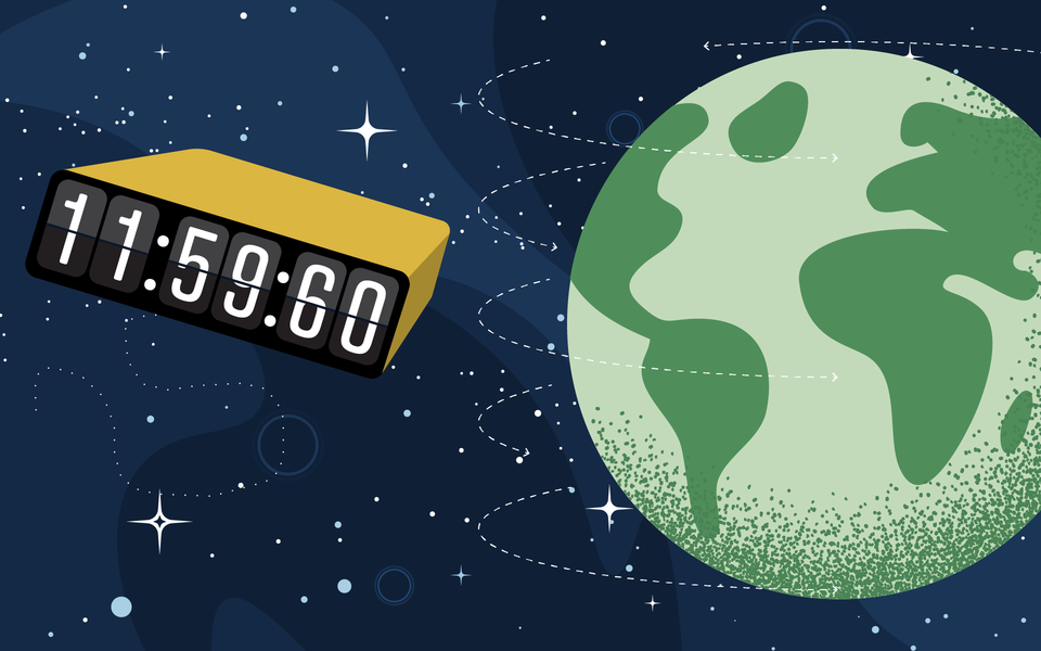 digital clock in orbit around Earth. The clock face reads 11:59:60. 