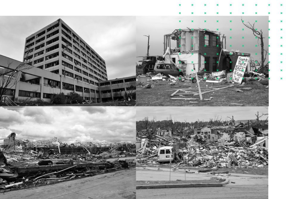 A composite photo of four destroyed buildings. 