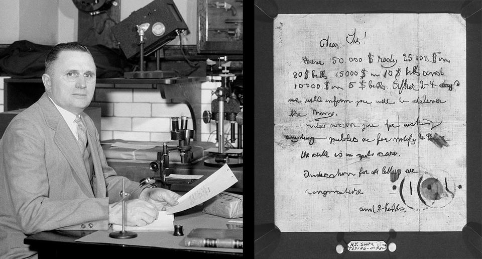 Split image shows black-and-white photo of a man sitting at a desk on the left and handwritten note on the right.