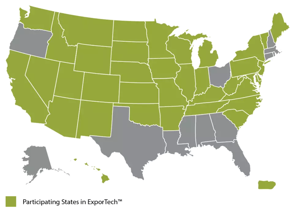 Map showing the states that have completed the ExporTech program
