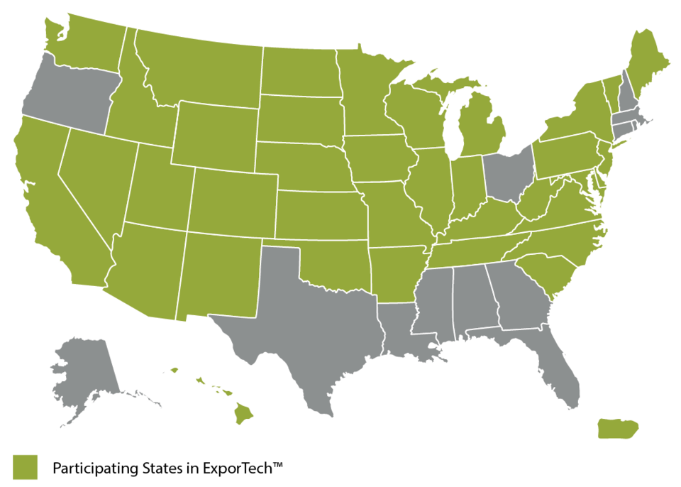 Map showing the states that have completed the ExporTech program