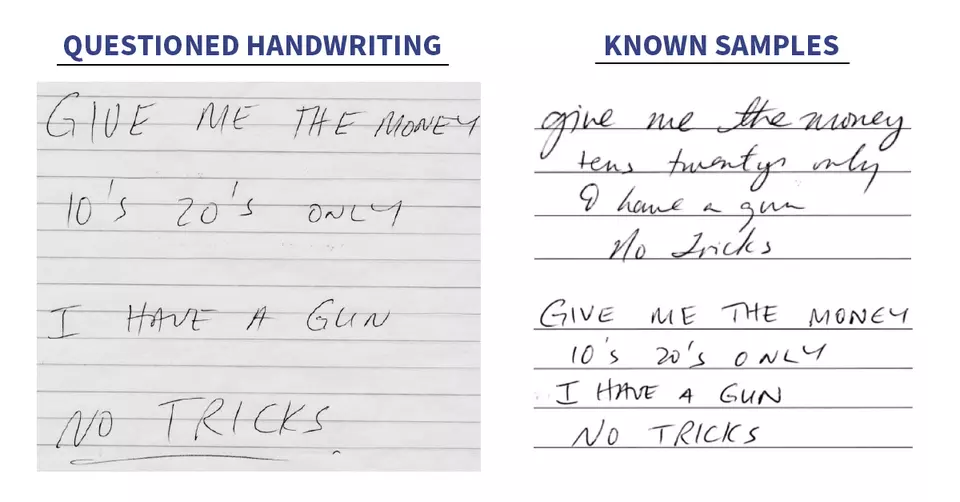Composite photo shows a holdup note on the left labeled "Questioned Handwriting," with two "Known Samples" on the right.
