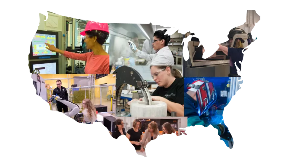 Map of U.S. is made up of photos of people working in labs, offices, etc. 