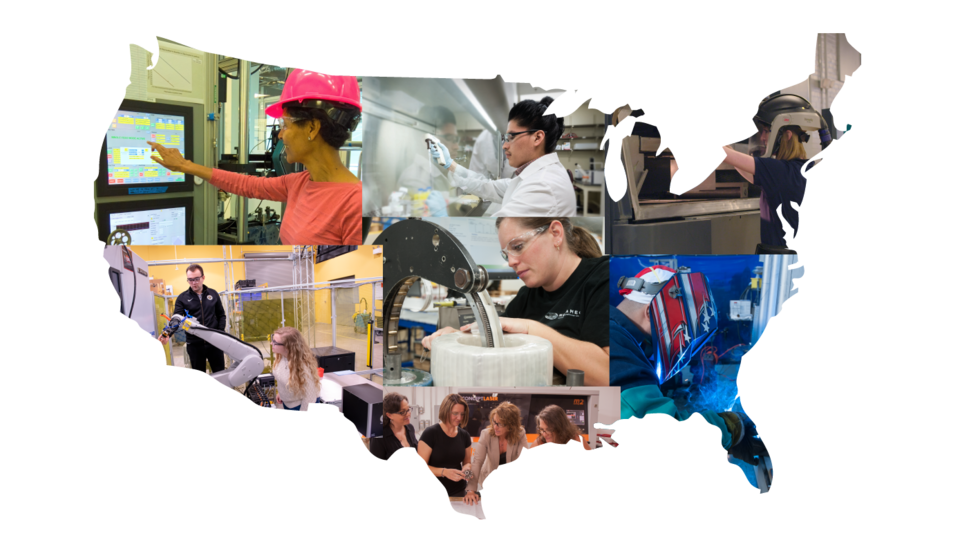Map of U.S. is made up of photos of people working in labs, offices, etc. 