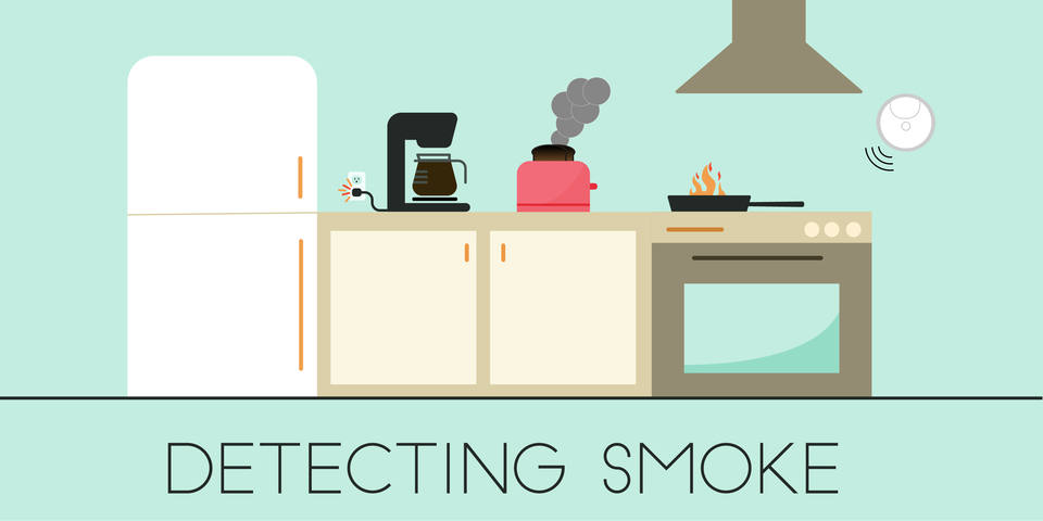 Illustration of kitchen appliances including toaster and frying pan is labeled "Detecting Smoke."