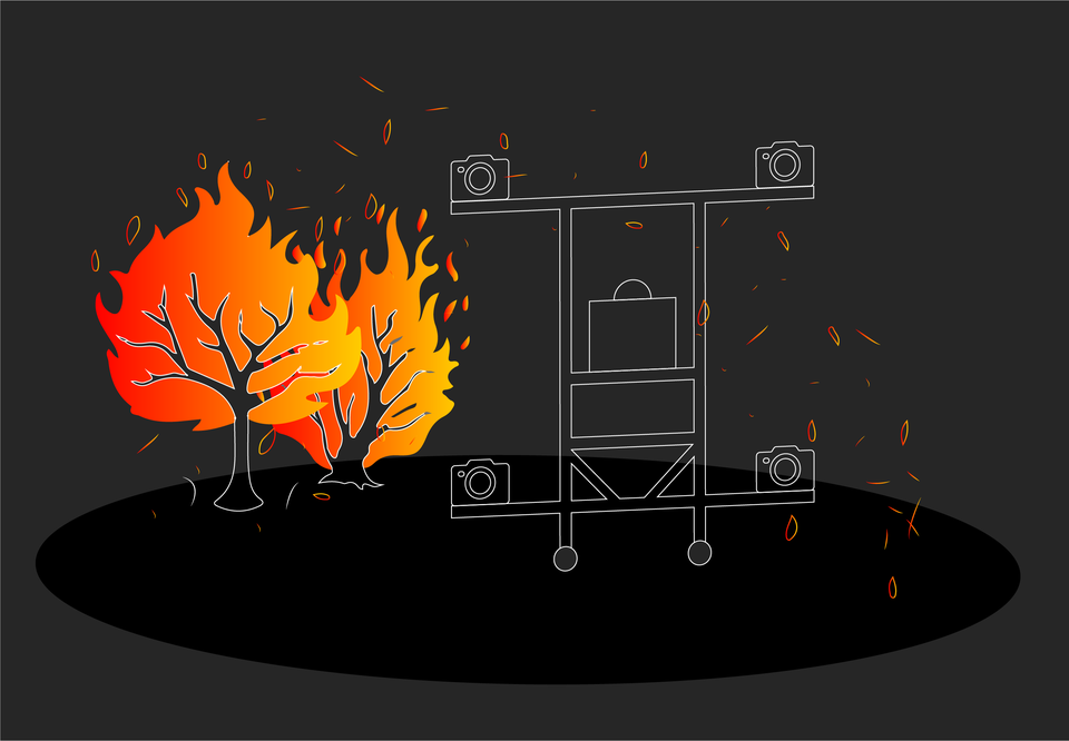 Illustration of a burning tree generating embers next to a device composed of four cameras fixed to the ends of metal arms.