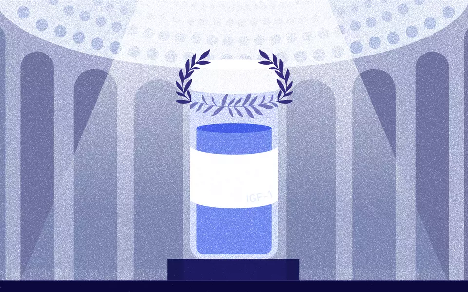 Illustration shows a winner's wreath suspended over a vial labeled IGF-1. 