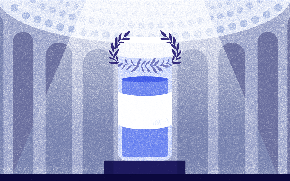 Illustration shows a winner's wreath suspended over a vial labeled IGF-1. 