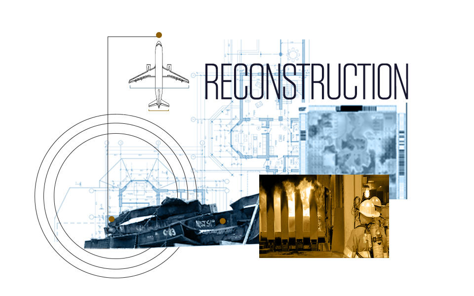 collage of blueprints for buildings and an airplane, a pile of rubble, a live fire test of a simulated office, and the word Reconstruction