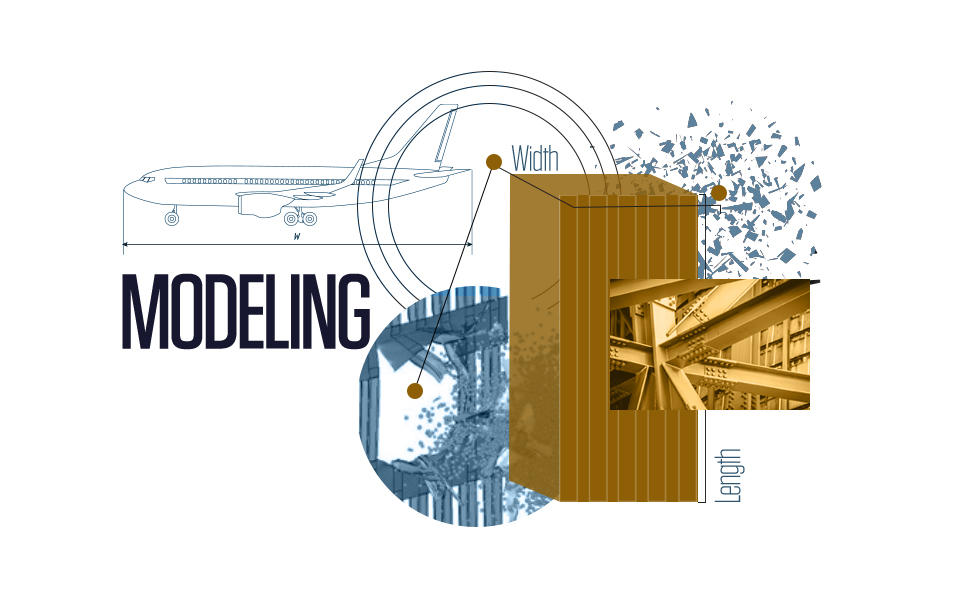 collage of images from the WTC disaster, a blueprint of an airplane, a representation of one of the towers, the word modeling