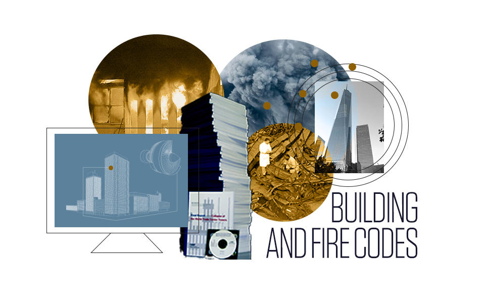 collage showing rubble from the collapse of the towers, a mock up of a section of the towers, scientists looking at structural steel and the words Building and Fire Codes