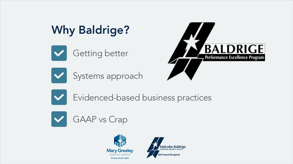 MGMC slide: "Why Baldrige?" listing getting better, a systems approach, evidenced-based business practices, and GAAP vs Crap.