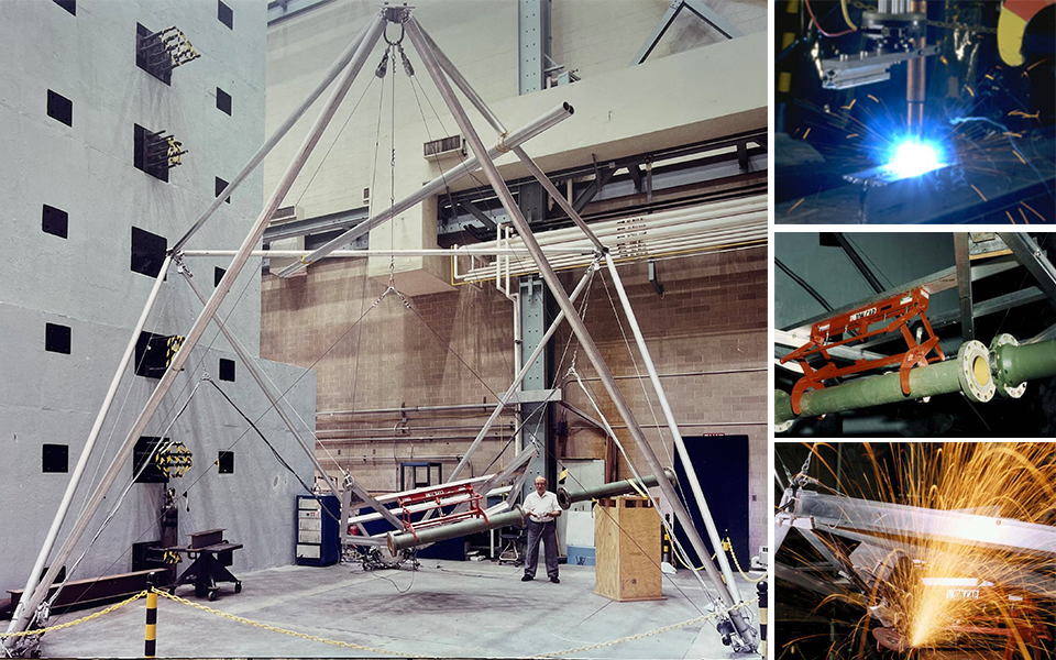 multi panel collage of the robocrane, a large three sided pyramid structure of struts and wires holding a platform in the middle. To the right are images of the robocrane welding, joining pipes and cutting an I beam. 