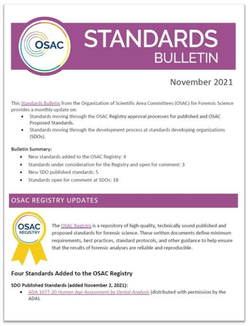 Cover of OSAC's November 2021 Standards Bulletin