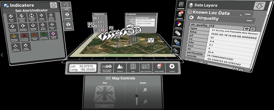 First-person view of a console showing indicators, map controls, and data layers plotted along a map showing latitude and longitude.