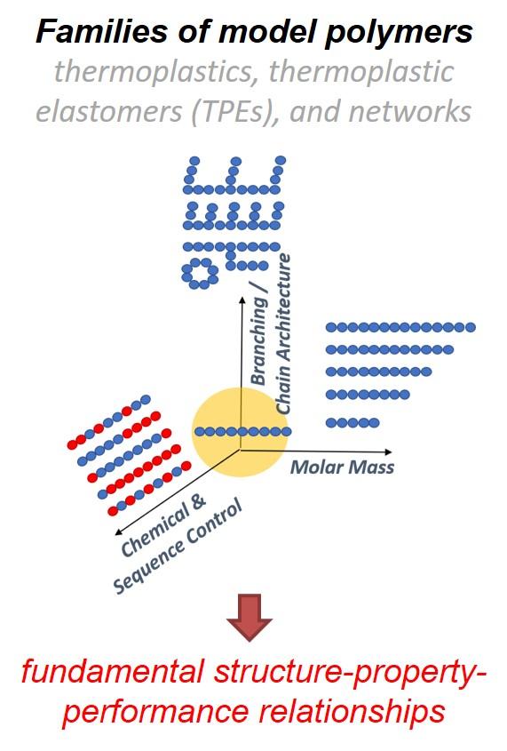 cartoon showing the three axes of control for systematic variation of polymers to make model "families": 1) branching/chain architecture; 2) molar mass; 3) chemistry & sequence control 