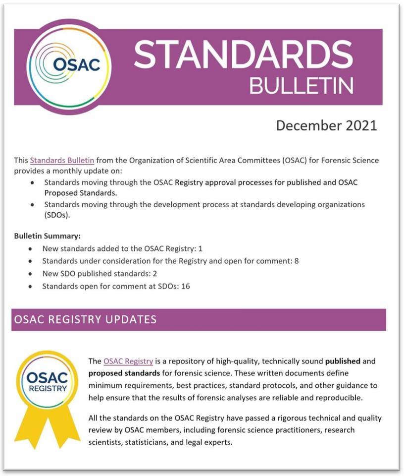 Cover of OSAC's December 2021 Standards Bulletin