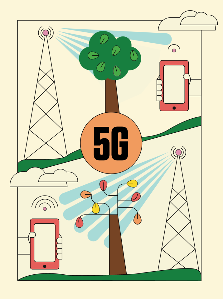 Cell towers broadcast signals through two trees, one of which has green leaves while the other is bare. A cellphone behind the greenery indicates a poorer signal than the phone behind the bare tree. 