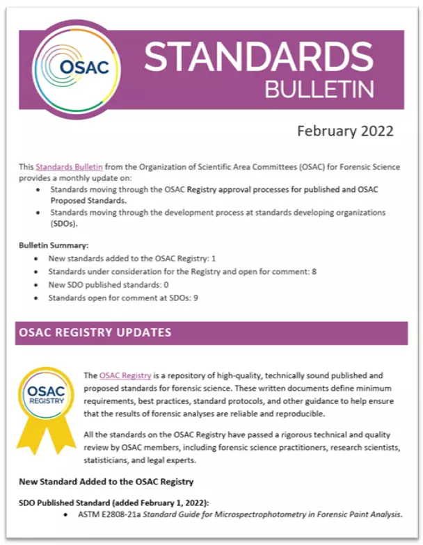 Cover of OSAC's February 2022 Standards Bulletin