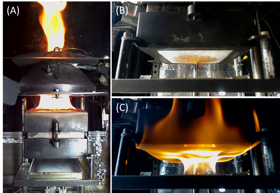 Three photos show the Cube testing process for an upholstered furniture sample.
