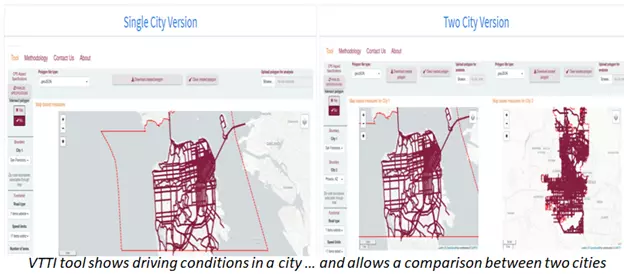VTTI tool map visualization shows driving conditions in a city and allows a comparison between two cities