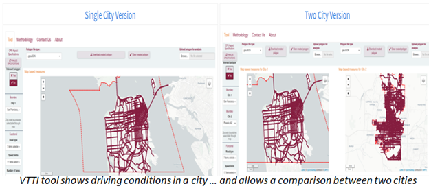 VTTI tool map visualization shows driving conditions in a city and allows a comparison between two cities