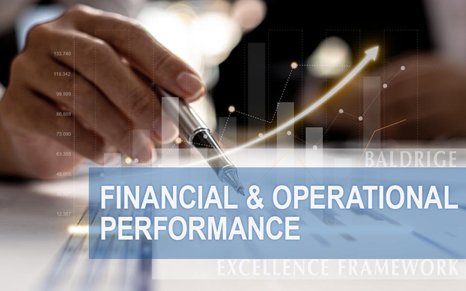 Business person pointing to financial charts showing Financial & Operational Performance from using the Baldrige Excellence Framework. 