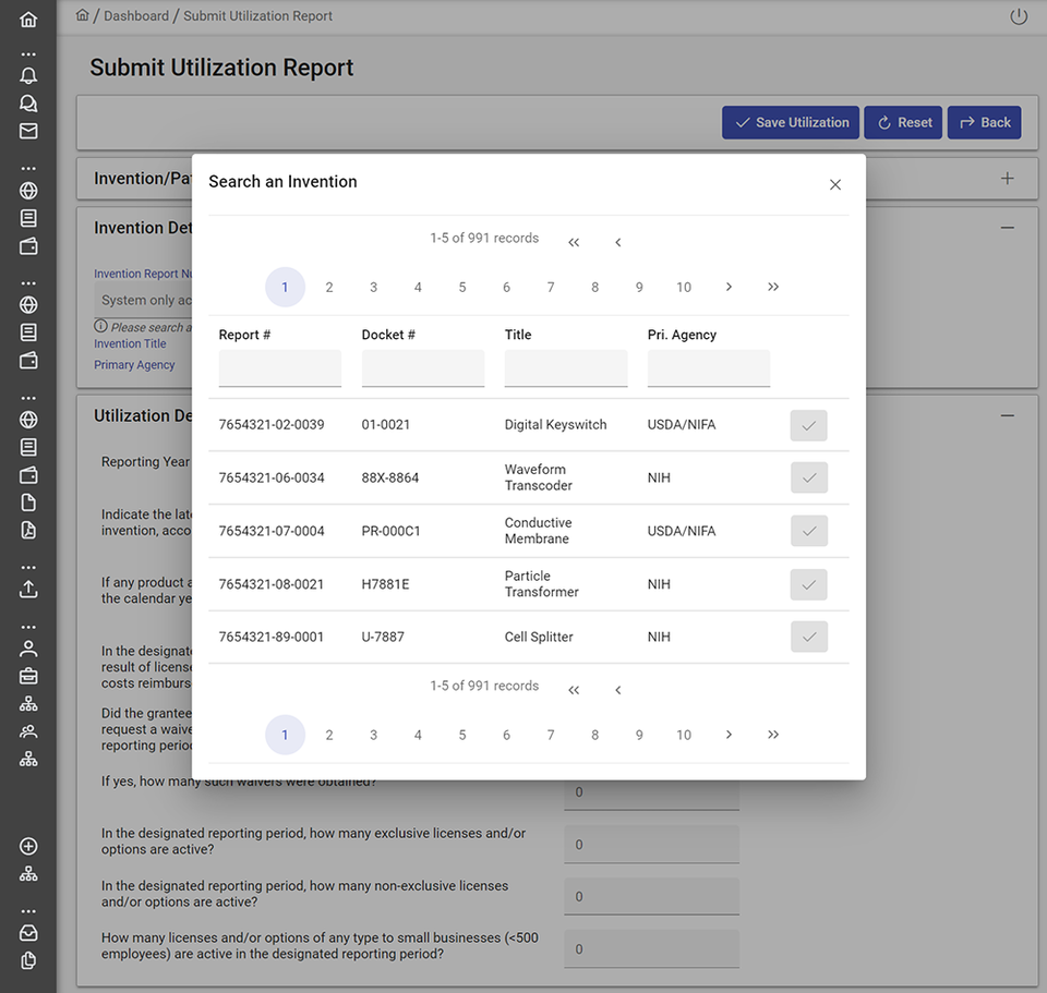 Invention search screenshot.