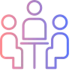 Colored graphic image of three figures in a meeting