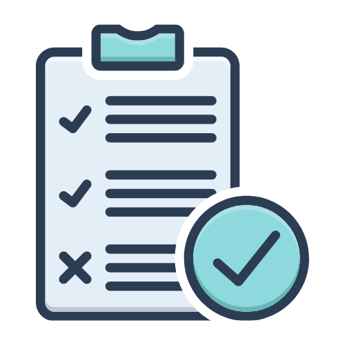 Icon of clipboard with check marks and an x 