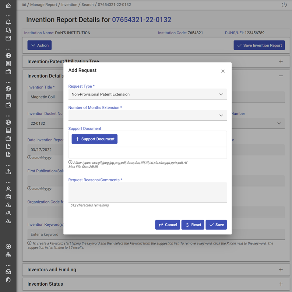 Patent extension request screenshot.