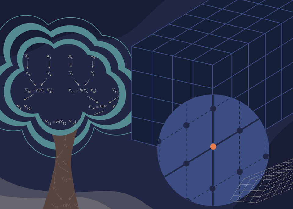 Illustration in blue tones shows a tree on the left with algorithms and lattice images on right. 