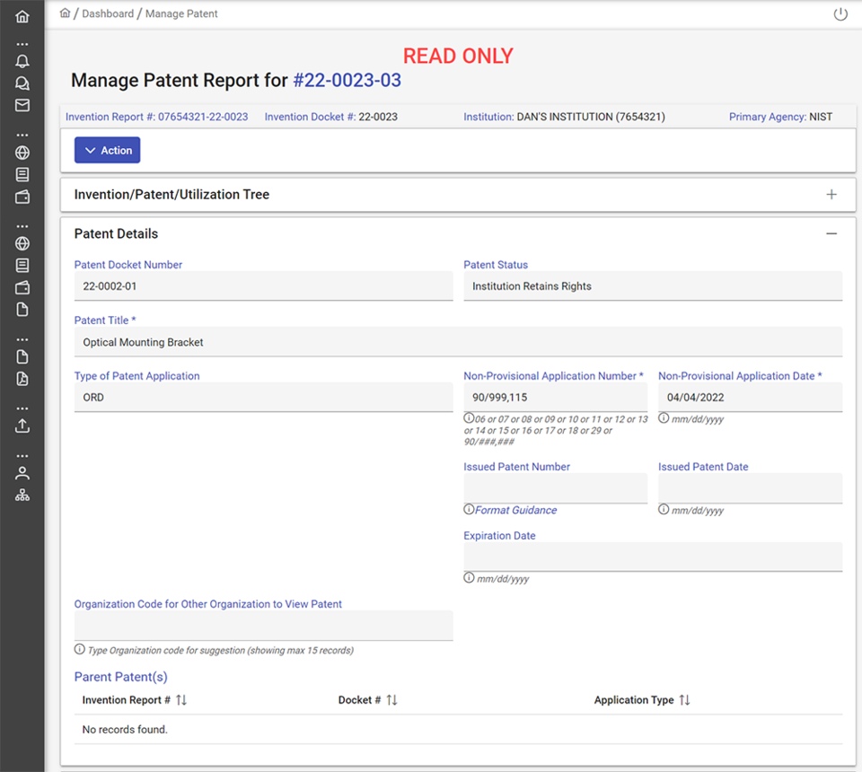 Read only patent report screenshot.