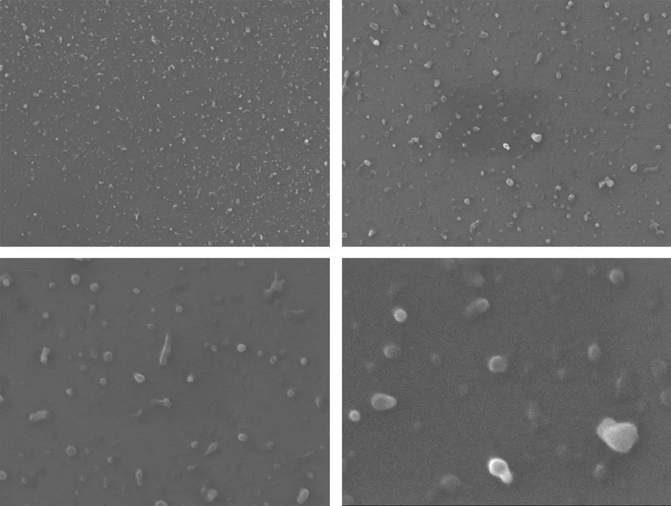 Four images in a grid show increasingly larger plastic particles.