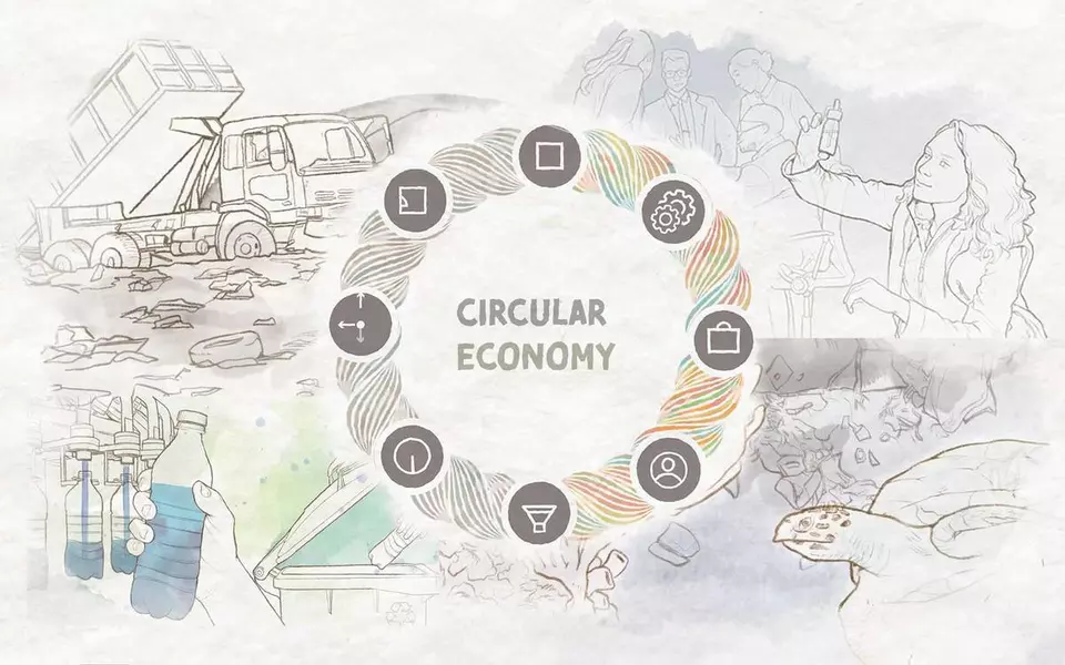 Circular economy illustration has a circle with images of a dump, a scientist, a sea turtle, a water bottle. 