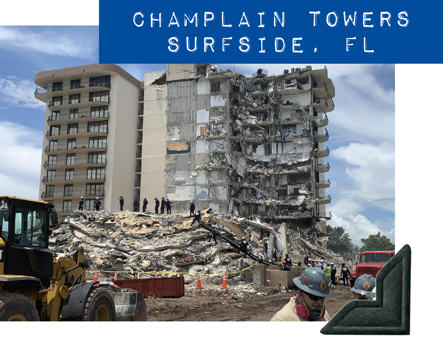 Photo of partially collapsed building is labeled "Champlain Towers, Surfside, FL" in blue embossed tape.