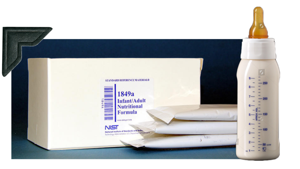 Photo of packaged standard reference material for formula has baby bottle overlaid at right. 