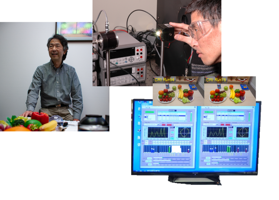 Three photos show research related to the color of light, including images of colorful fruit and charts on a computer screen. 