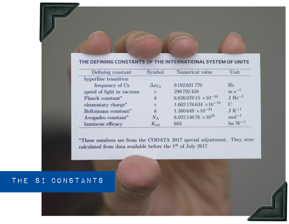 A hand holds a white reference card labeled "Defining Constants"; blue embossed label says "The SI Constants."