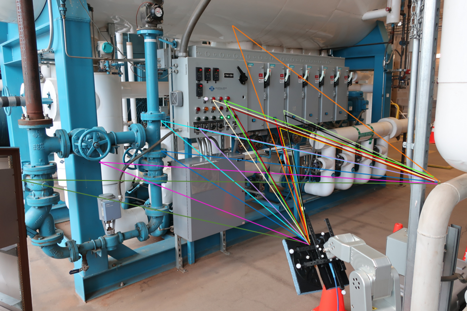 Wireless testing equipment is shown inside a building with transmission lines drawn over the photo in various colors.