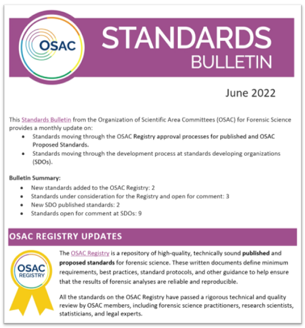 Cover of OSAC's June 2022 Standards Bulletin