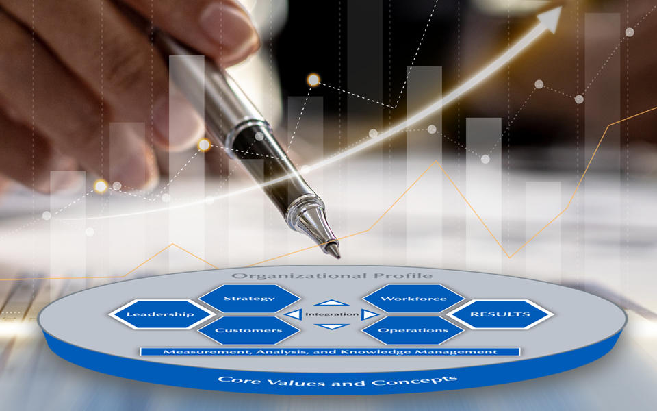 Person using a pen to point to the Baldrige Criteria Overview with bars and an arrow pointing up in the background.