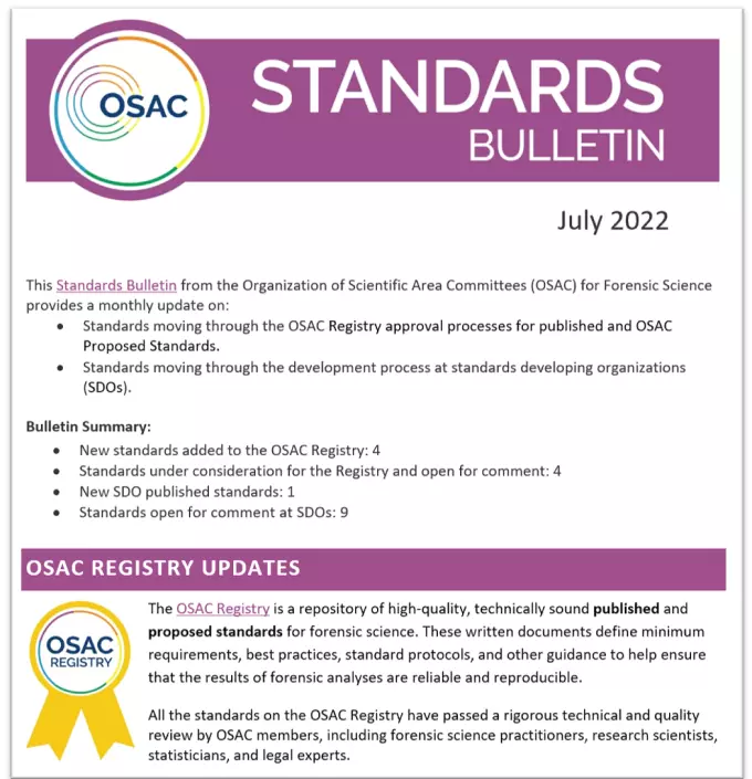 Cover of OSAC's July 2022 Standards Bulletin