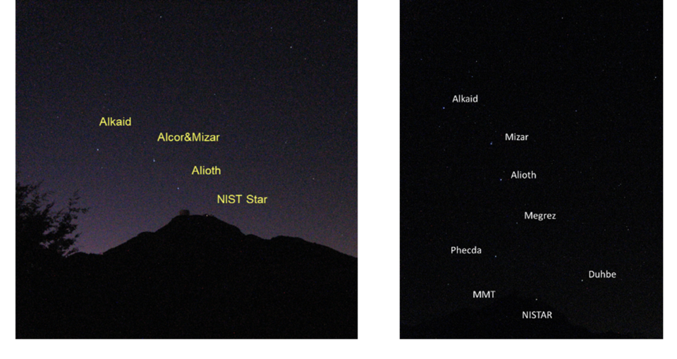 Side-by-side night sky images show stars of the Big Dipper and NISTAR labeled with their names.