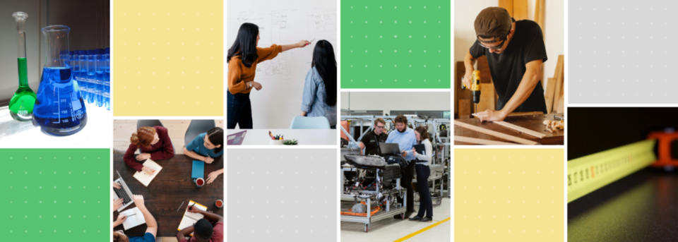 Collage of images: Test tube with colored water fill; four people at conference table; 3 people standing and looking at a laptop; male with a drill drilling a wood frame; metric measuring tape