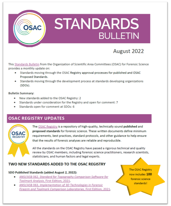 Cover of OSAC's August 2022 Standards Bulletin